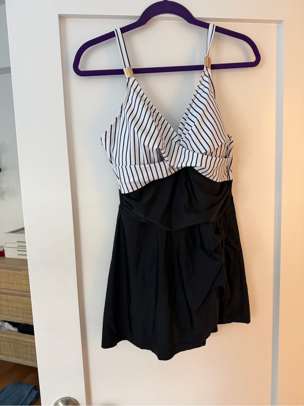 Striped V-Neck Swimdress with Black Skirt